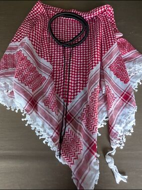Authentic Red and White Patterned Keffiyeh Scarf And Agal Headpiece.